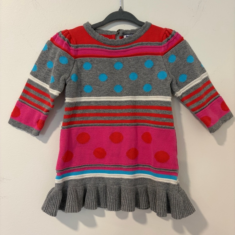 Heartstrings 2T Sweater Dress Girls Pink Polka Dot Stripe Cotton Knit Spring